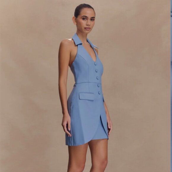 Meshki Ruth Cotton Halter Mini Dress | Ocean Blue | Size S | NWT - Picture 2 of 4